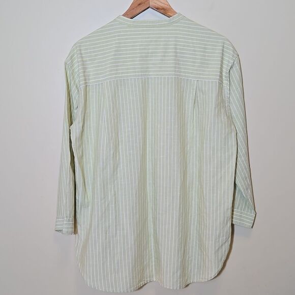 Uniqlo Linen Blend Striped Button Down Shirt Medium 3/4 Sleeve Band Collar Green - Picture 9 of 11